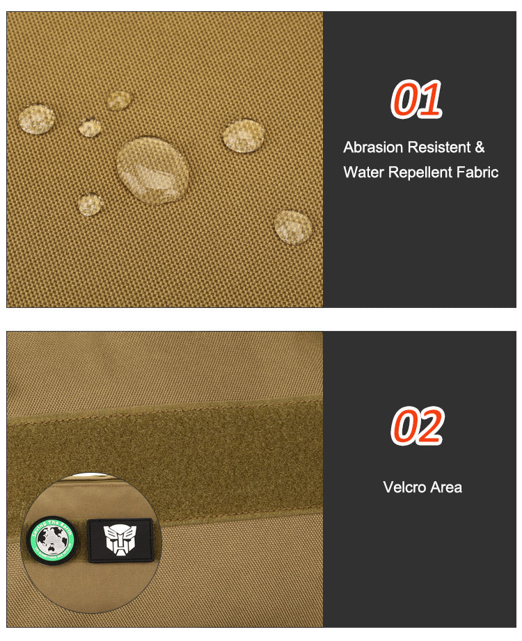 Two-panel product detail graphic showing fabric features: the top panel shows tan woven fabric with water droplets and text reading '01 Abrasion Resistant & Water Repellent Fabric'; the bottom panel shows a tan fabric surface with a hook-and-loop strip and a small inset of two patches, with text reading '02 Velcro Area'.