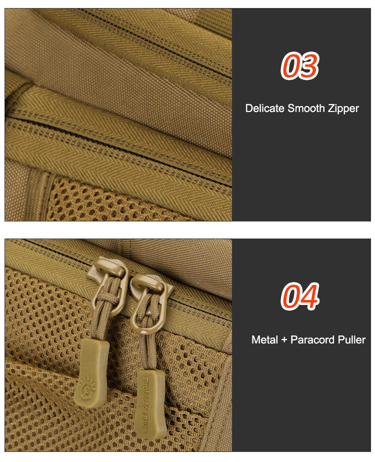 Close-up detail of a tan tactical bag showing two zipper sections labeled 03 and 04, with text describing a delicate smooth zipper and metal + paracord puller.