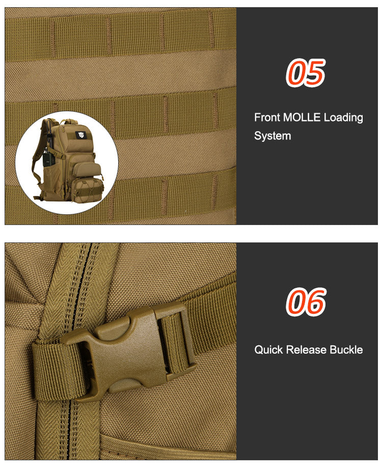 Close-up feature panel of a tan tactical backpack showing the front MOLLE loading system and a quick release buckle, with numbered callouts 05 and 06 on a dark gray background.