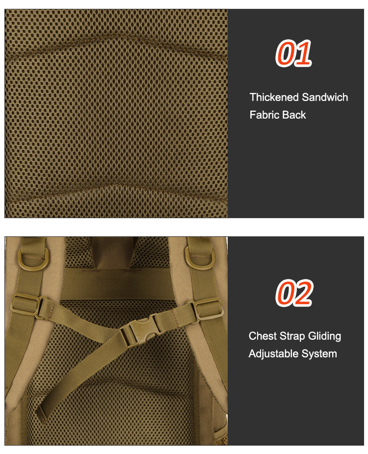 Two-panel product detail graphic showing the back of a backpack. Top panel highlights a thickened sandwich fabric back in tan mesh, with text reading '01 Thickened Sandwich Fabric Back.