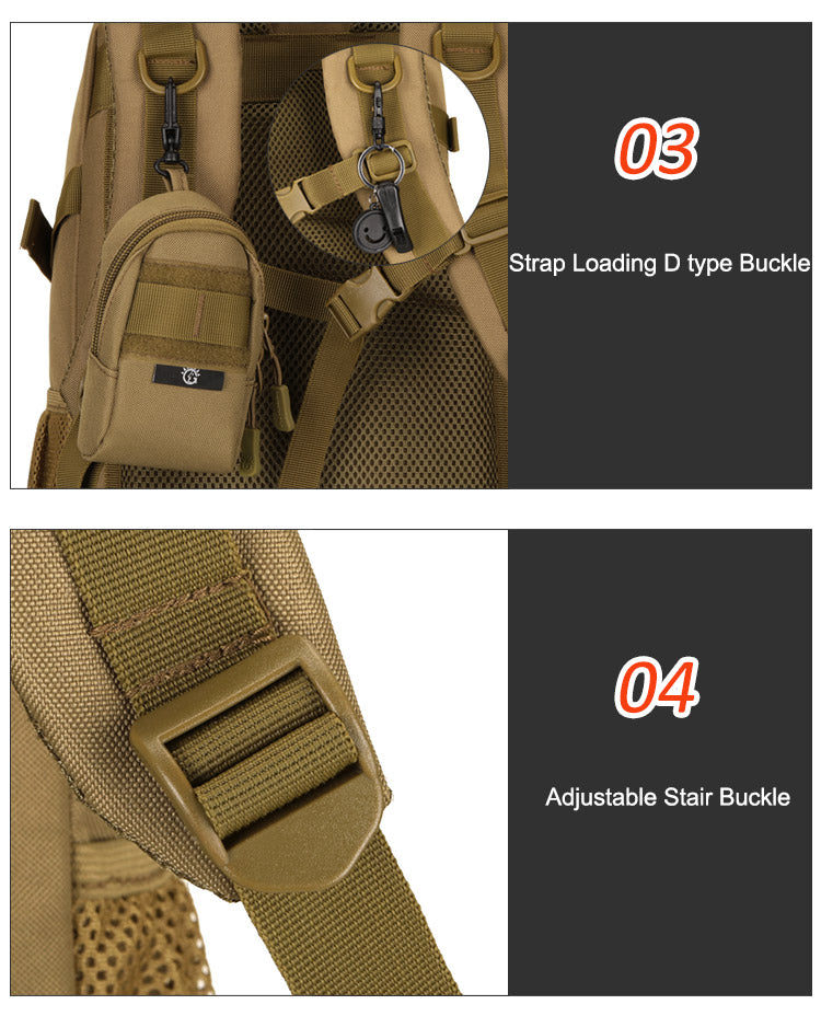 Close-up feature details of a tan tactical backpack, showing two numbered callouts: 03 Strap Loading D type Buckle and 04 Adjustable Stair Buckle, with product views on the left and dark gray panels with text on the right.
