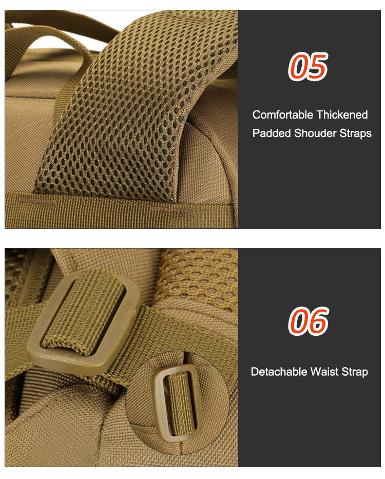 Two-panel close-up of a tan tactical-style bag showing padded shoulder strap mesh and a detachable waist strap buckle, with text callouts reading '05 Comfortable Thickened Padded Shoulder Straps' and '06 Detachable Waist Strap'.