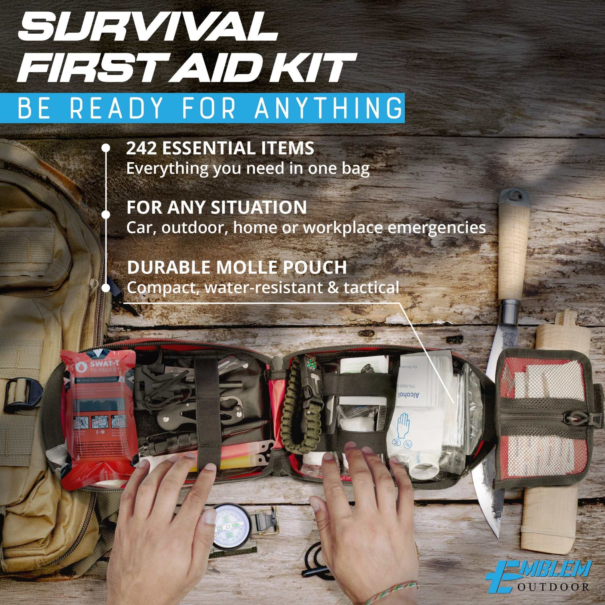 242 Piece First Aid242 Piece First Aid Survival Kit with SWAT-T Tourniquet242 PC FIRST AID SURVIVAL KIT. Ideal emergency gear for families and outdoor enthusiasts. Designed by Marine Corps veterans and a U.S. physician, this portable and rFirst Aid Kit