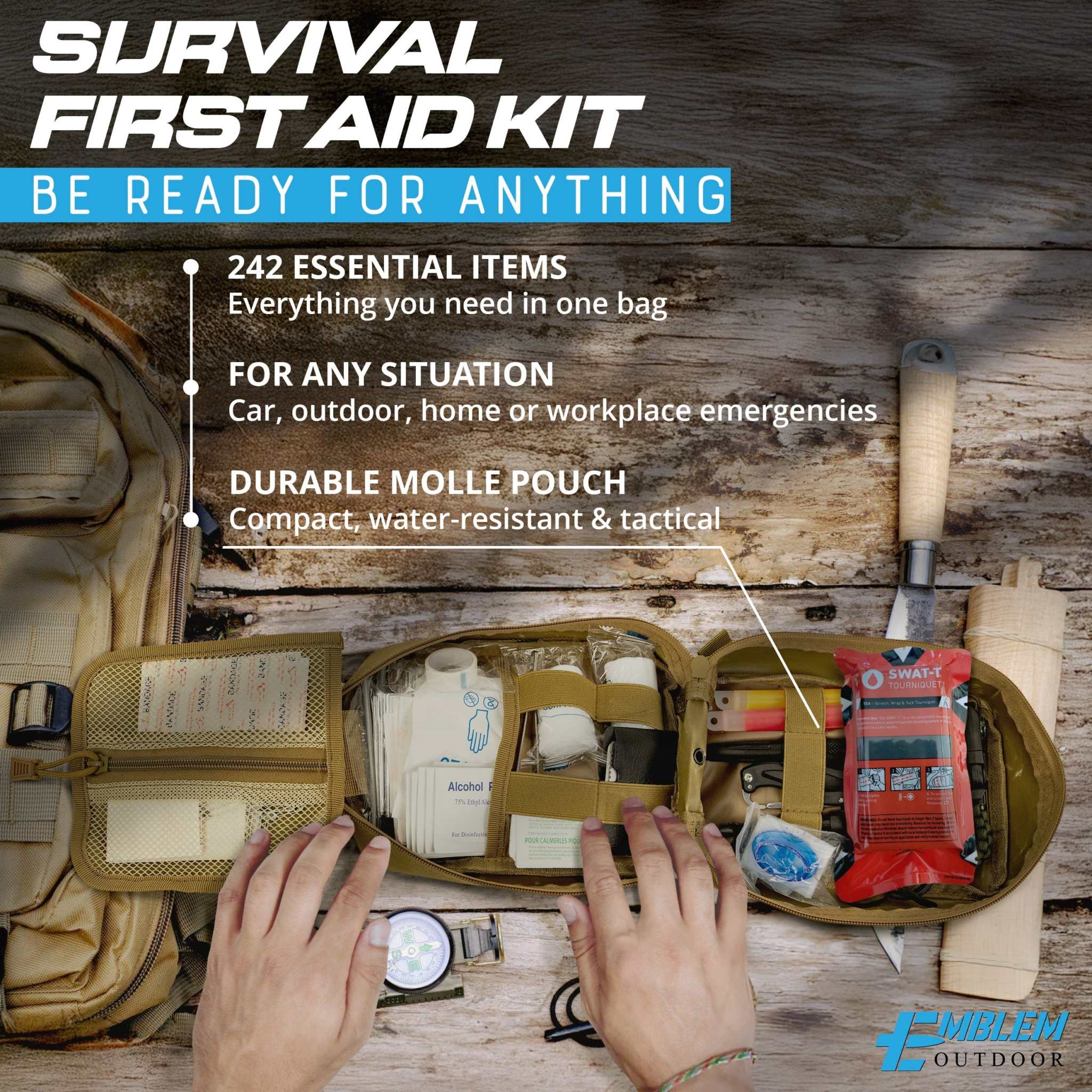 242 Piece First Aid242 Piece First Aid Survival Kit with SWAT-T Tourniquet242 PC FIRST AID SURVIVAL KIT. Ideal emergency gear for families and outdoor enthusiasts. Designed by Marine Corps veterans and a U.S. physician, this portable and rFirst Aid Kit