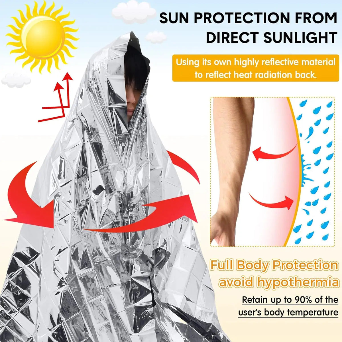 Emergency thermal blanket made of Mylar, by Emblem Outdoor (Single pack)