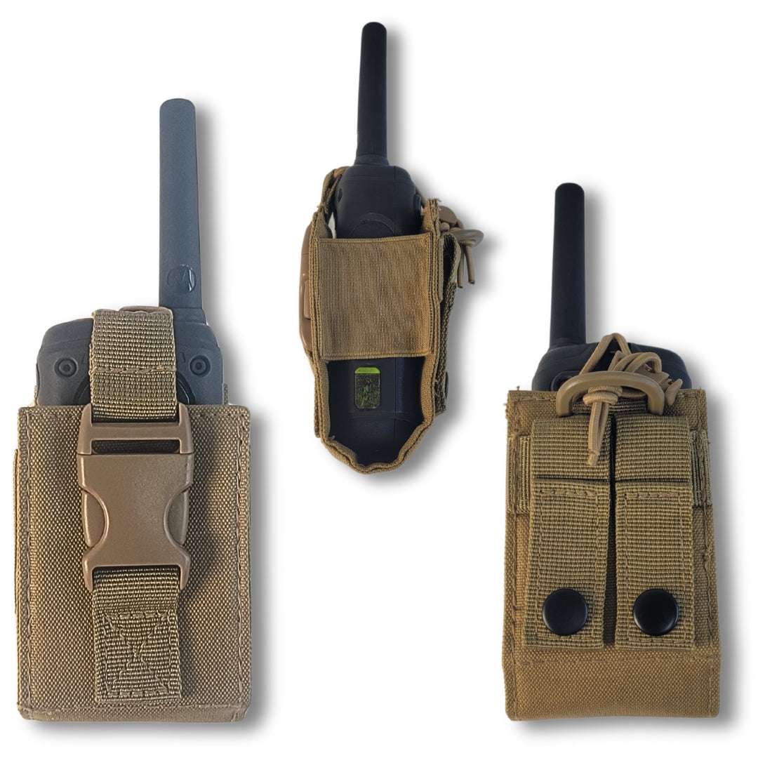 Universal tactical radio holsterUniversal tactical radio holster for Handhelds Walkie TalkiesMOLLE system compatible, easy attach this radio holster to any of your molle tactical vest, backpack, duty belt and other equipment to use for additional storage andRange Gear
