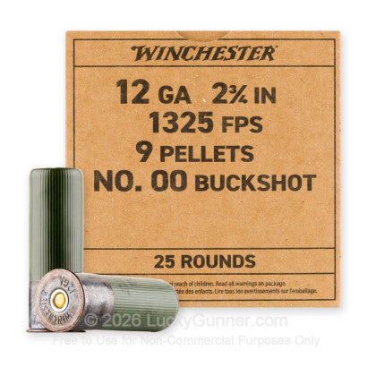 12 Gauge - 2-3/4" 9 Pellets 00 Buckshot - Winchester Military Grade - 250 Rounds